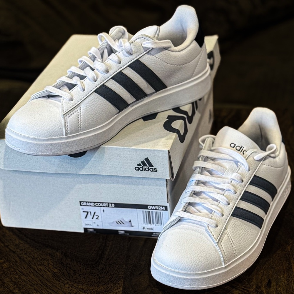 NIB Adidas Grand Court White with Black Stripes